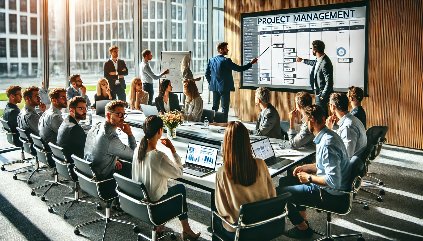 Sala de conferência moderna com profissionais participando de um treinamento em gestão de projetos, com telas, laptops e atividades colaborativas.