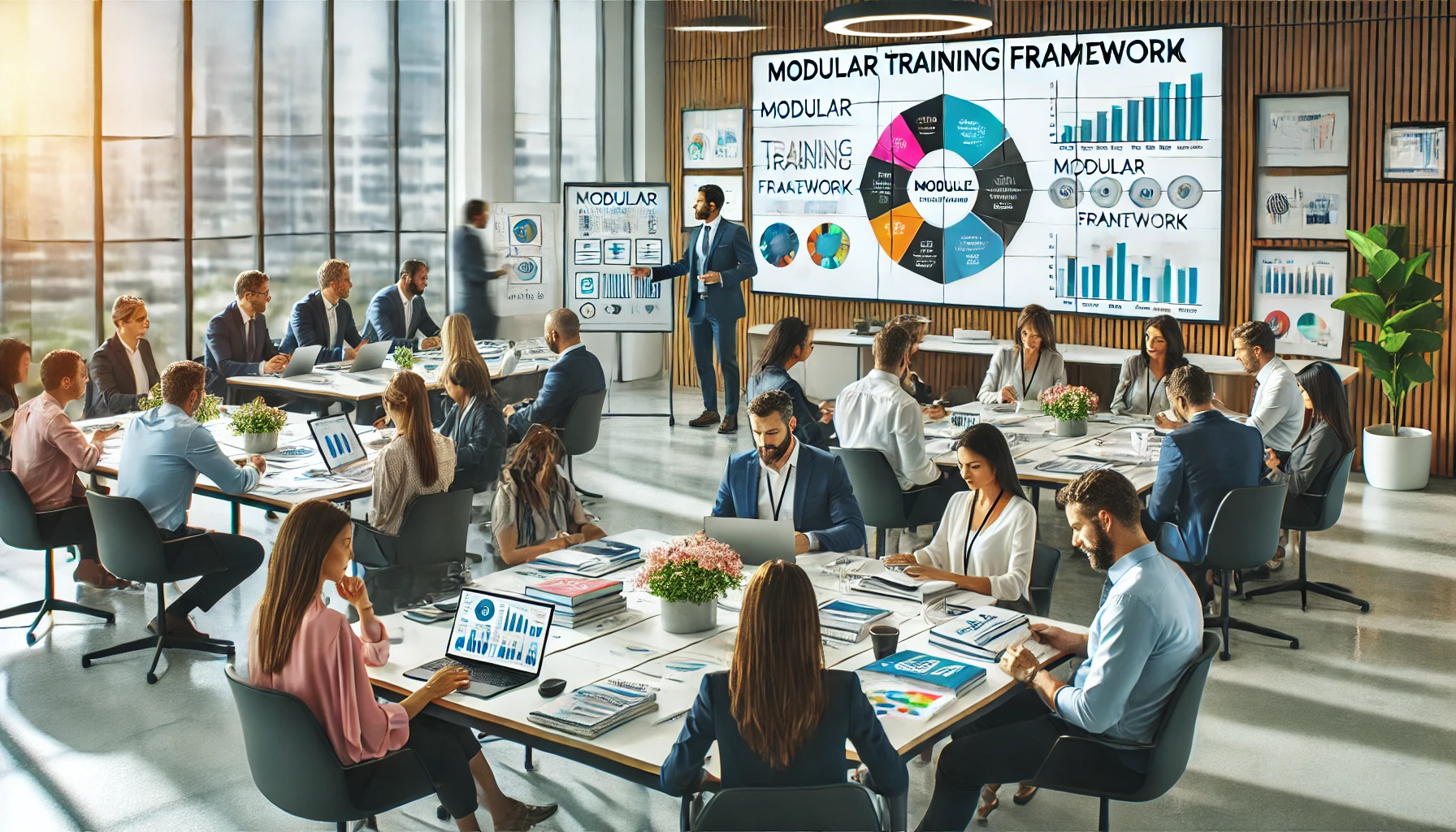 Grupos de profissionais em uma sala moderna participando de um treinamento modular, trabalhando em mesas redondas com laptops, guias e gráficos.