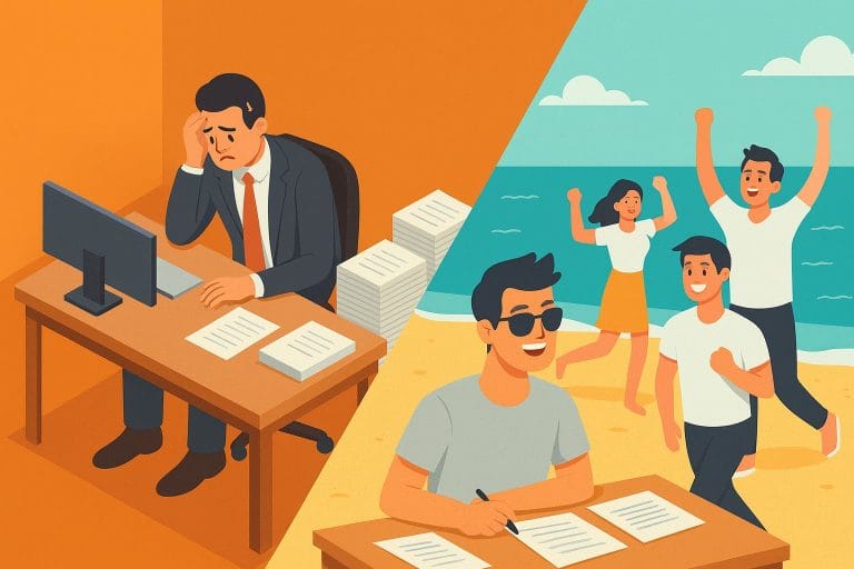 Ilustração isométrica mostrando um dono de empresa sozinho e sobrecarregado em uma mesa cheia de papéis, enquanto, ao lado, funcionários aparecem relaxando e felizes na praia.