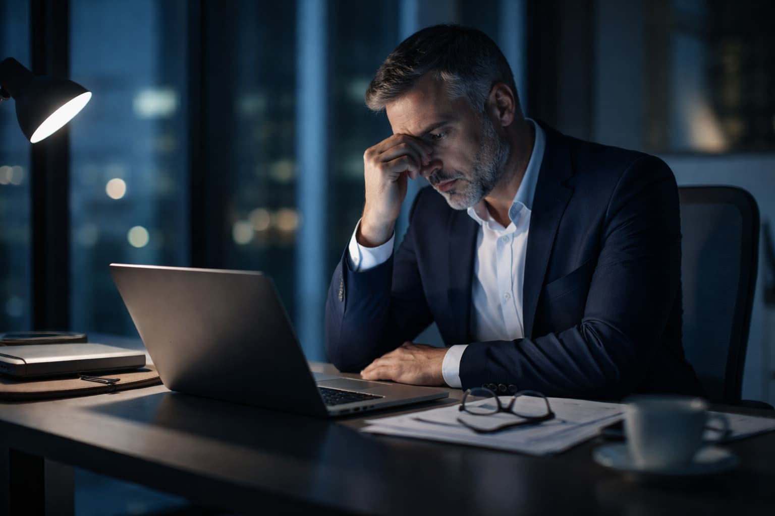 Empresário sozinho no escritório à noite, trabalhando no laptop sob luz fria, com expressão de cansaço contido e ambiente silencioso.