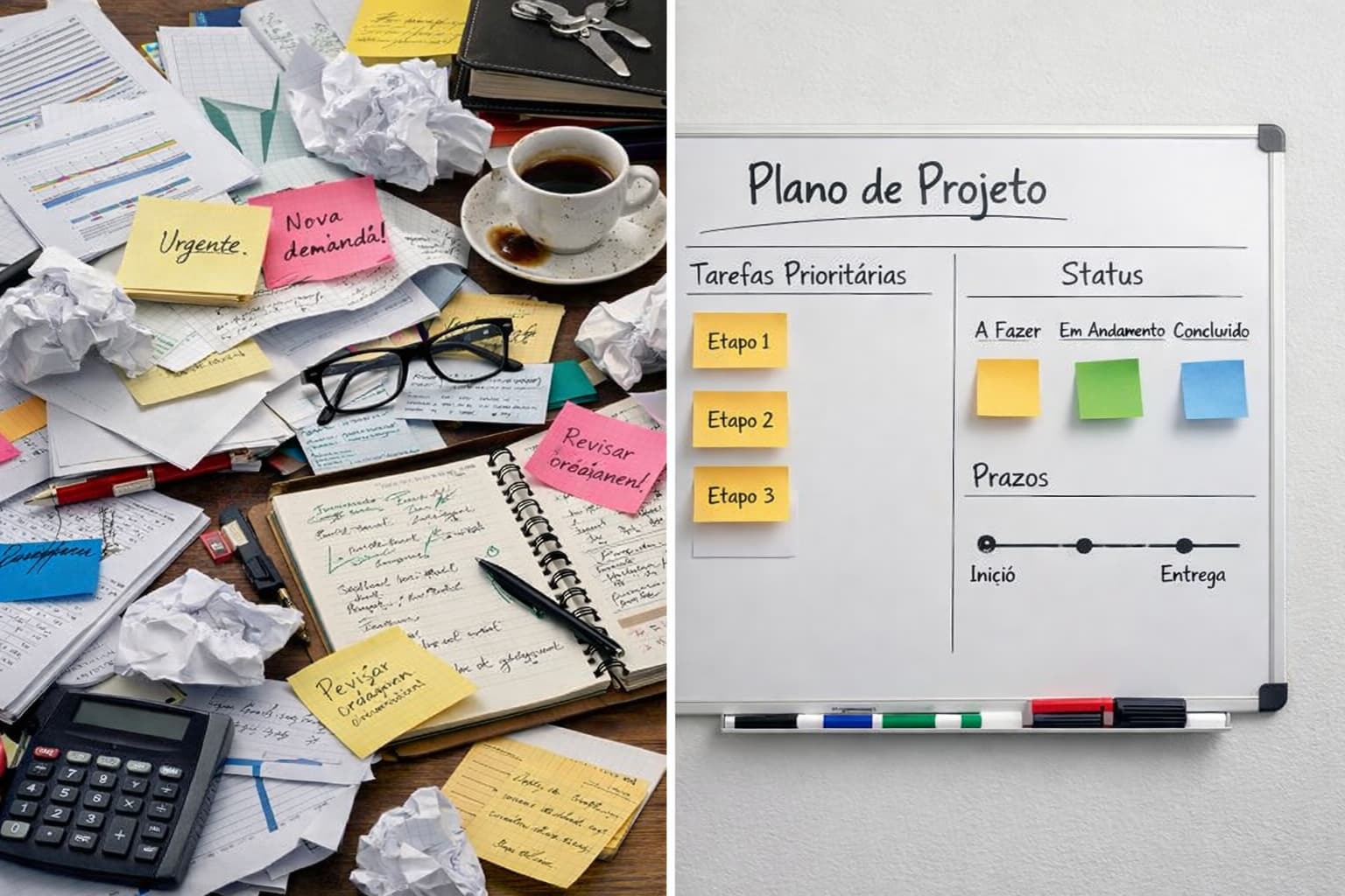 Mesa desorganizada com papéis e anotações soltas ao lado de um quadro branco limpo com poucos projetos organizados por etapas