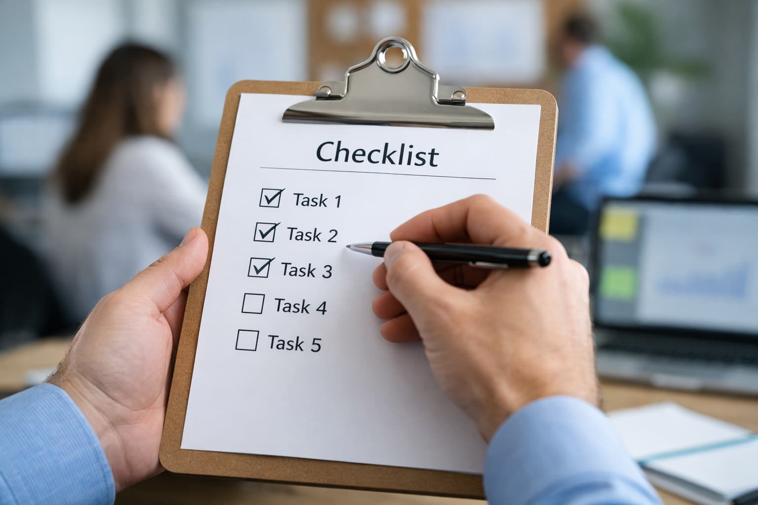 Mão marca itens em um checklist impresso enquanto a equipe trabalha ao fundo em um escritório.