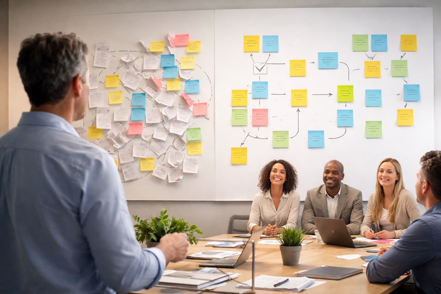Gestor conduz equipe diante de um painel que mostra a transição de anotações caóticas para um fluxo organizado de trabalho