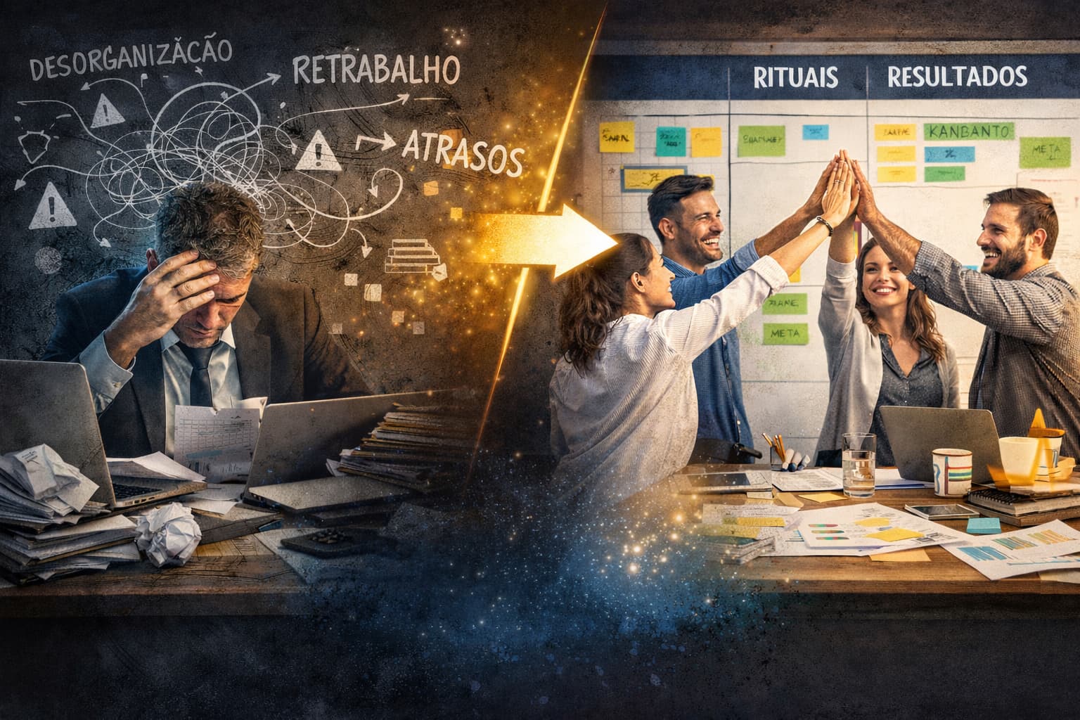 Contraste entre ambiente de trabalho caótico com gestor sobrecarregado e equipe organizada colaborando em um escritório estruturado