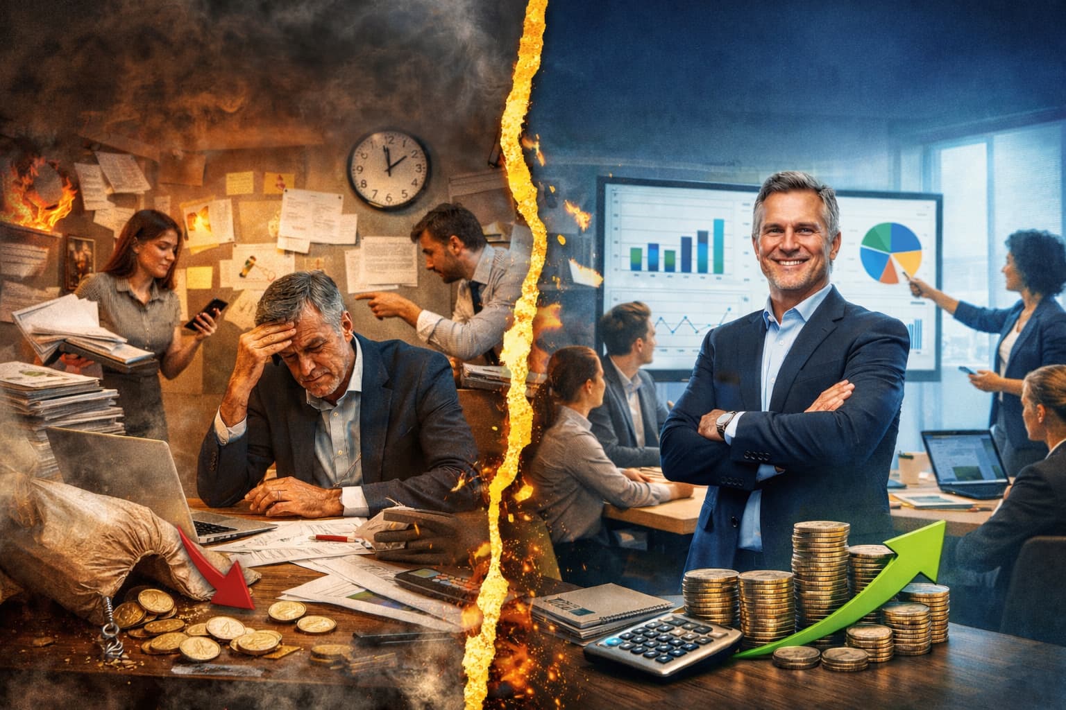 Comparação visual entre um gestor sobrecarregado em ambiente caótico e um líder confiante com equipe organizada analisando indicadores de desempenho.