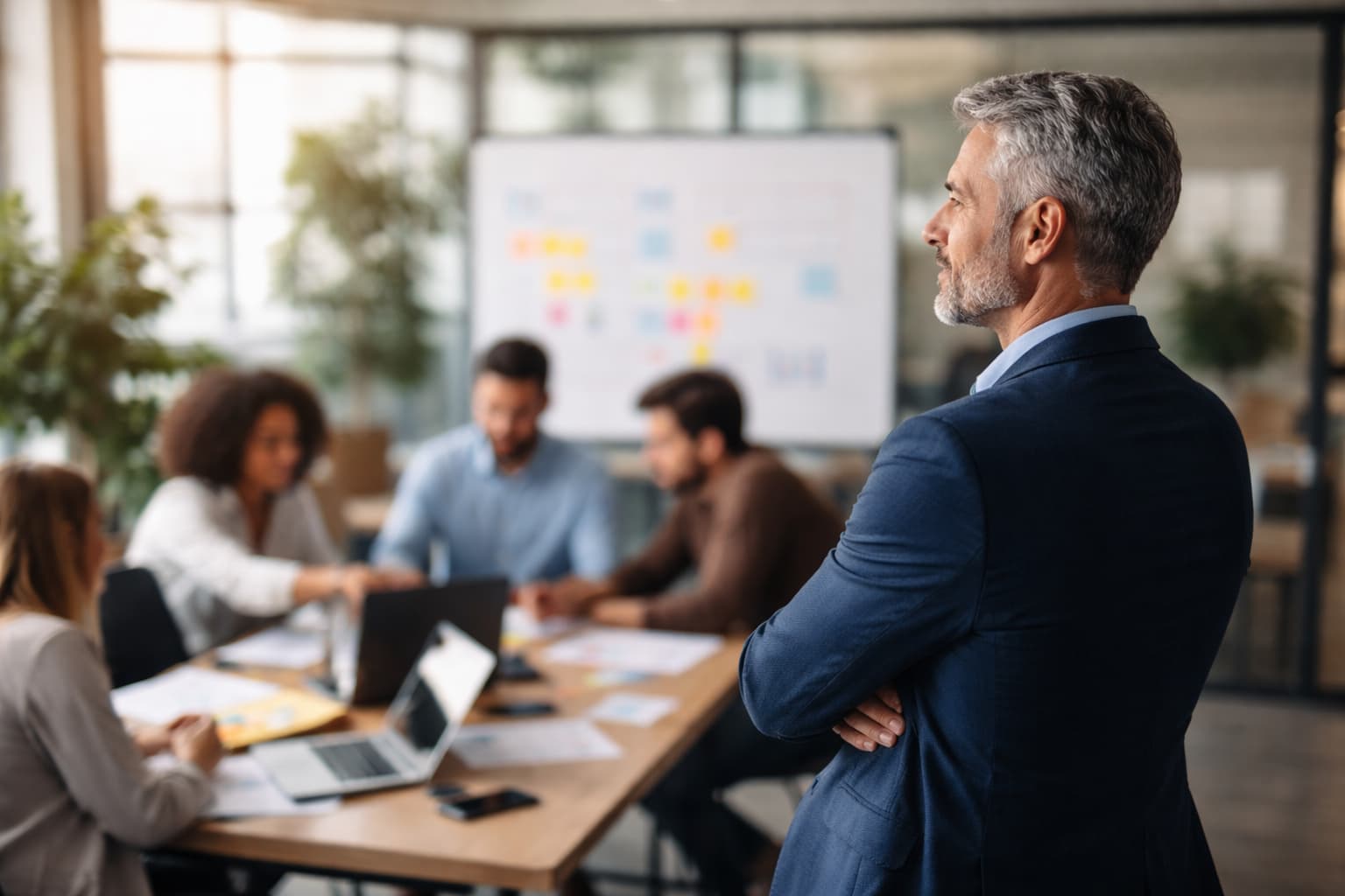 Empresário observa uma reunião de equipe à distância, com gestores trabalhando em laptops e documentos em uma mesa de reunião