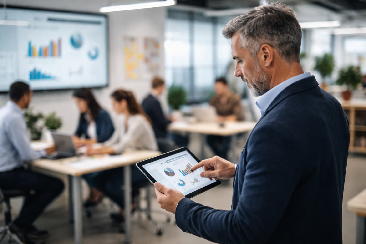 Empresário analisa gráficos em um tablet, em primeiro plano, enquanto a equipe trabalha de forma independente ao fundo do escritório.