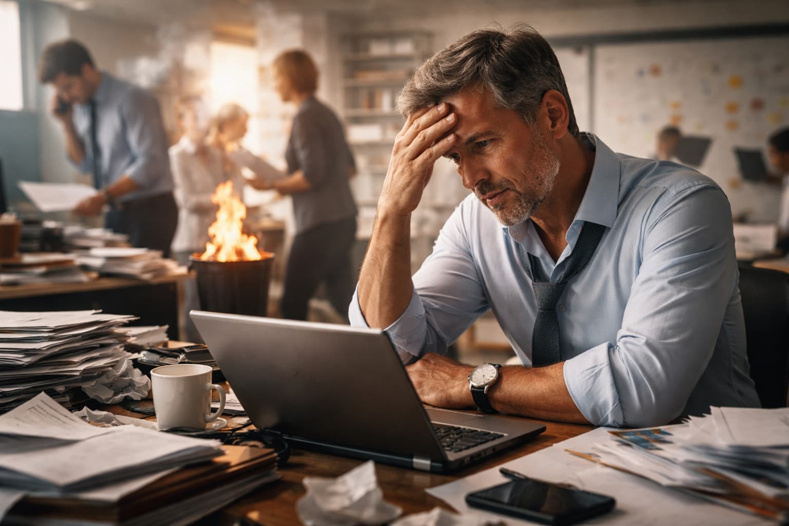 Dono de empresa sentado à mesa com expressão de cansaço enquanto o escritório ao redor está desorganizado e em situação de urgência.