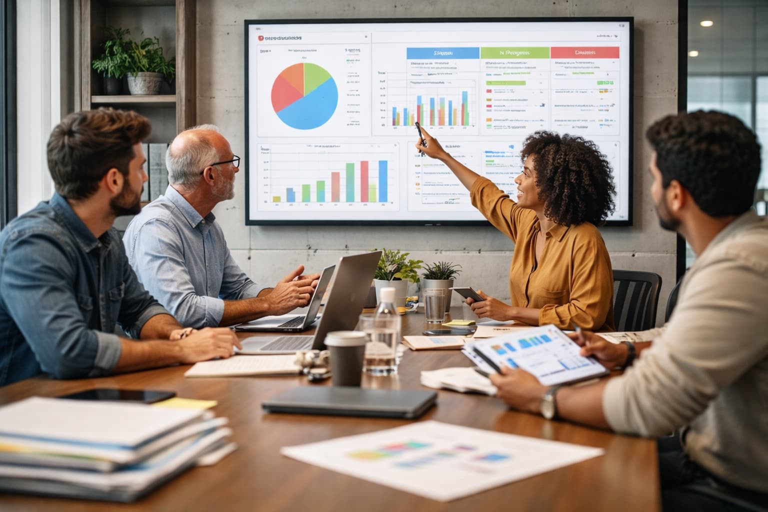 Grupo de profissionais analisa gráficos e dados em tela durante reunião, com liderança compartilhada entre os participantes