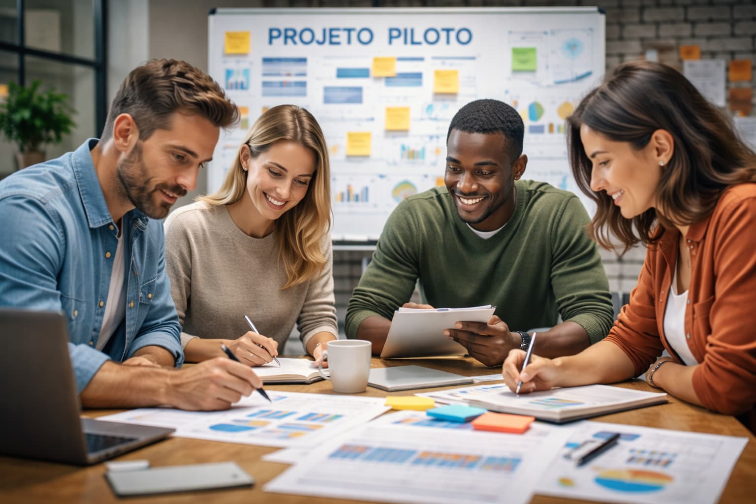 Pequeno grupo de profissionais trabalha junto em um projeto piloto, analisando documentos, gráficos e anotações sobre a mesa.