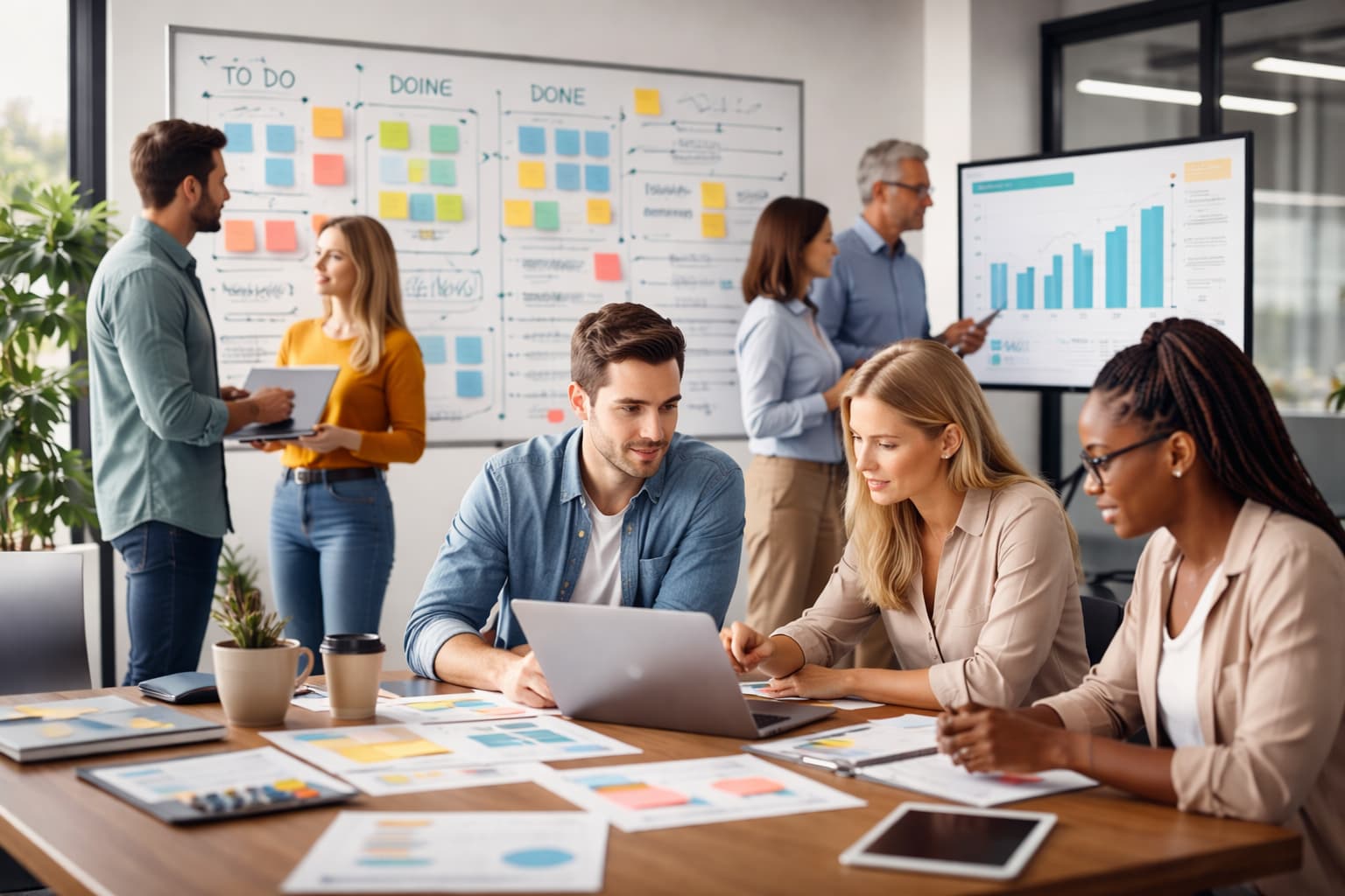 Grupo de profissionais reunidos em escritório, analisando tarefas em quadros visuais, telas com indicadores e fluxos de trabalho organizados.