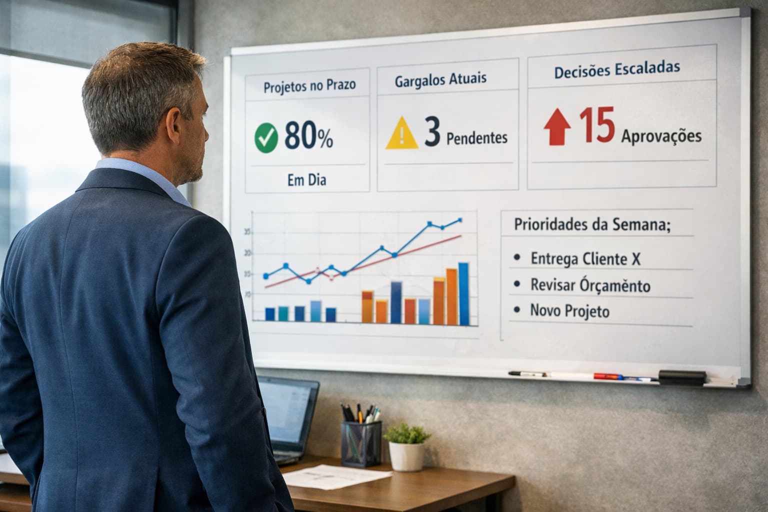 Executivo de costas observa um quadro com indicadores simples de projetos, gargalos e decisões em um escritório.