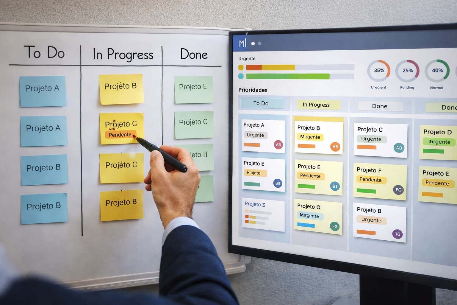 Quadro físico e painel digital exibem projetos distribuídos por status, com destaque para prioridades e andamento das tarefas