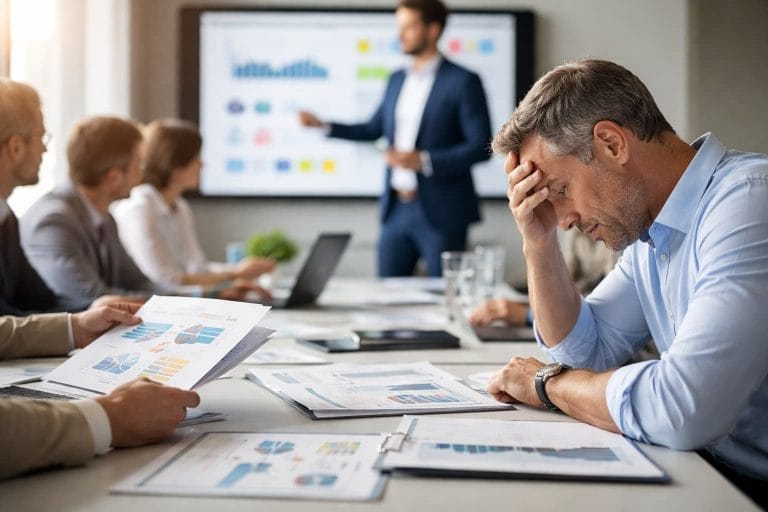 Empresário visivelmente frustrado em reunião de consultoria, com relatórios sobre a mesa e apresentação ao fundo, representando teoria sem aplicação prática.