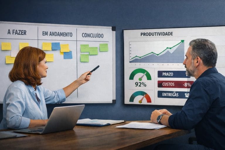 Gestores analisam indicadores visuais e quadro de tarefas em ambiente corporativo organizado, tomando decisões sem reuniões longas.