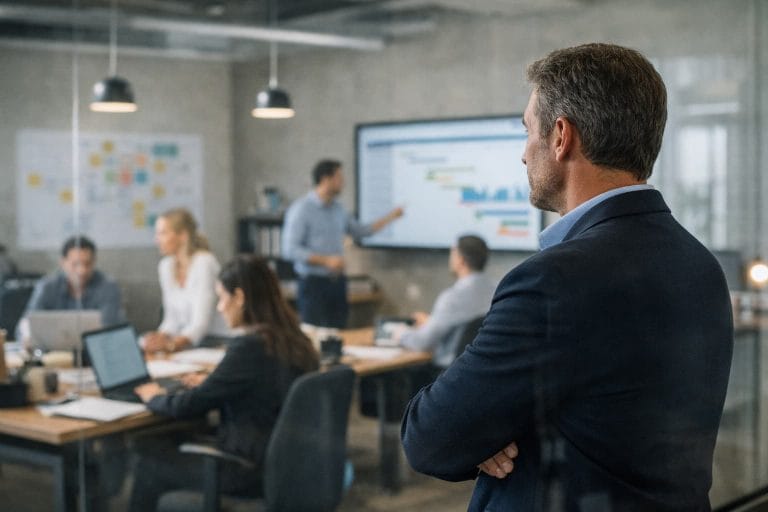 Gestor observa equipe trabalhando em escritório aberto, à distância, enquanto colaboradores conduzem tarefas e reuniões sem sua intervenção direta.