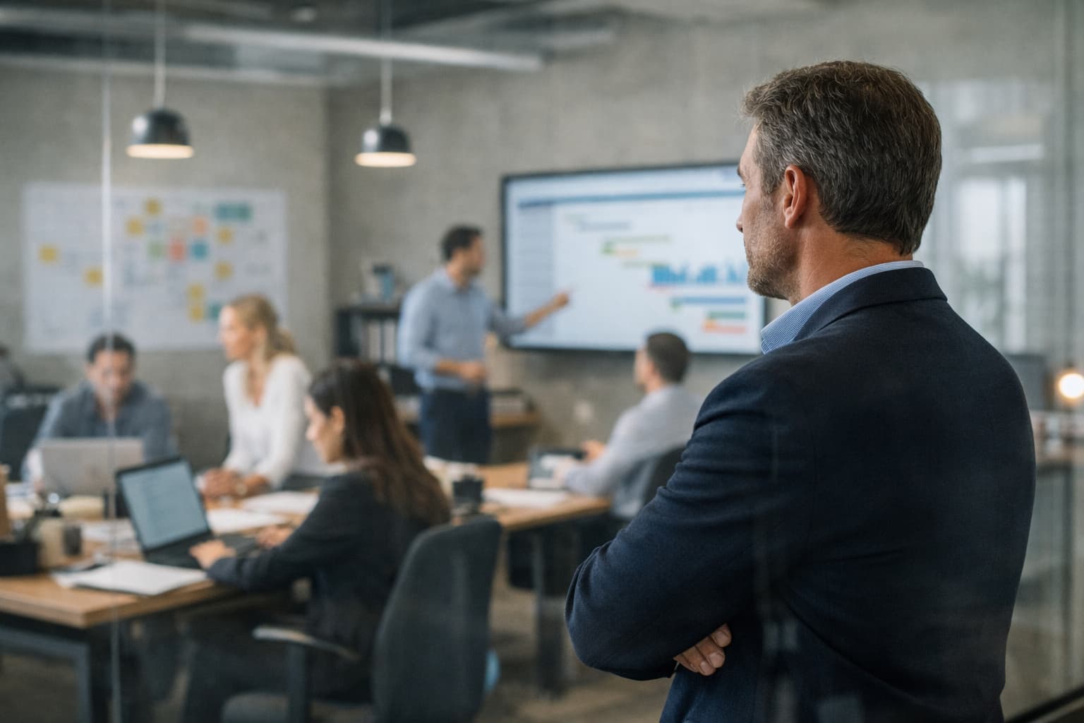 Gestor observa equipe trabalhando em escritório aberto, à distância, enquanto colaboradores conduzem tarefas e reuniões sem sua intervenção direta.