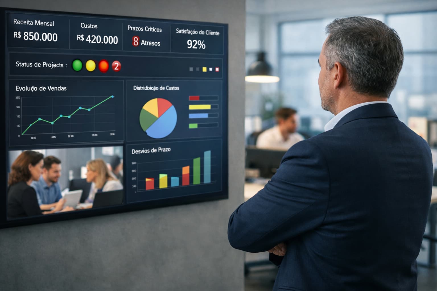 Gestor observa um painel de indicadores de desempenho em um escritório, enquanto profissionais trabalham ao fundo em um ambiente corporativo.