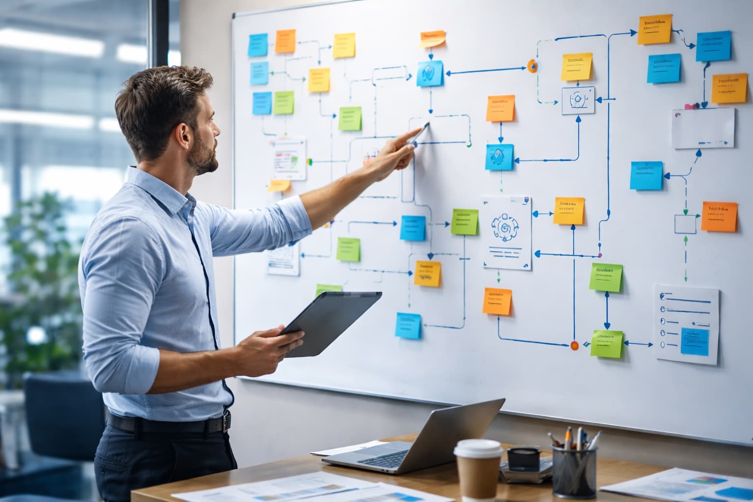 Gestor em escritório corporativo observa quadro visual de processos com etapas conectadas, enquanto analisa o fluxo de trabalho com apoio de um tablet.