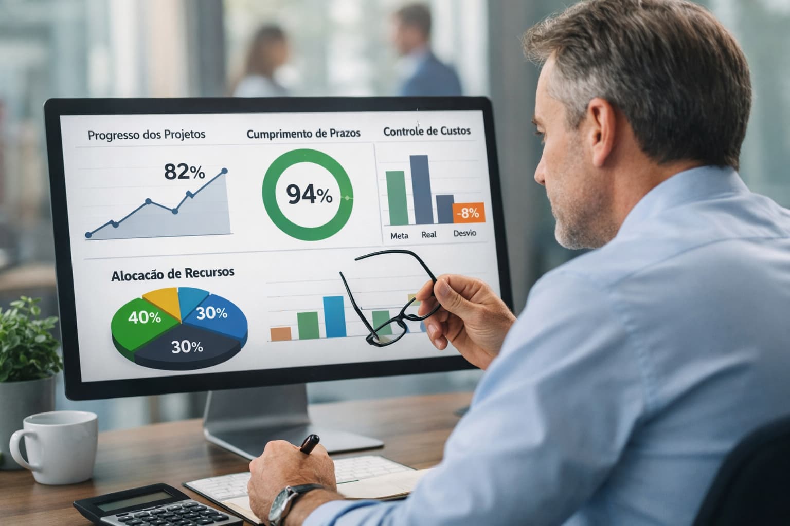 Gestor analisa indicadores de projetos em ambiente corporativo
