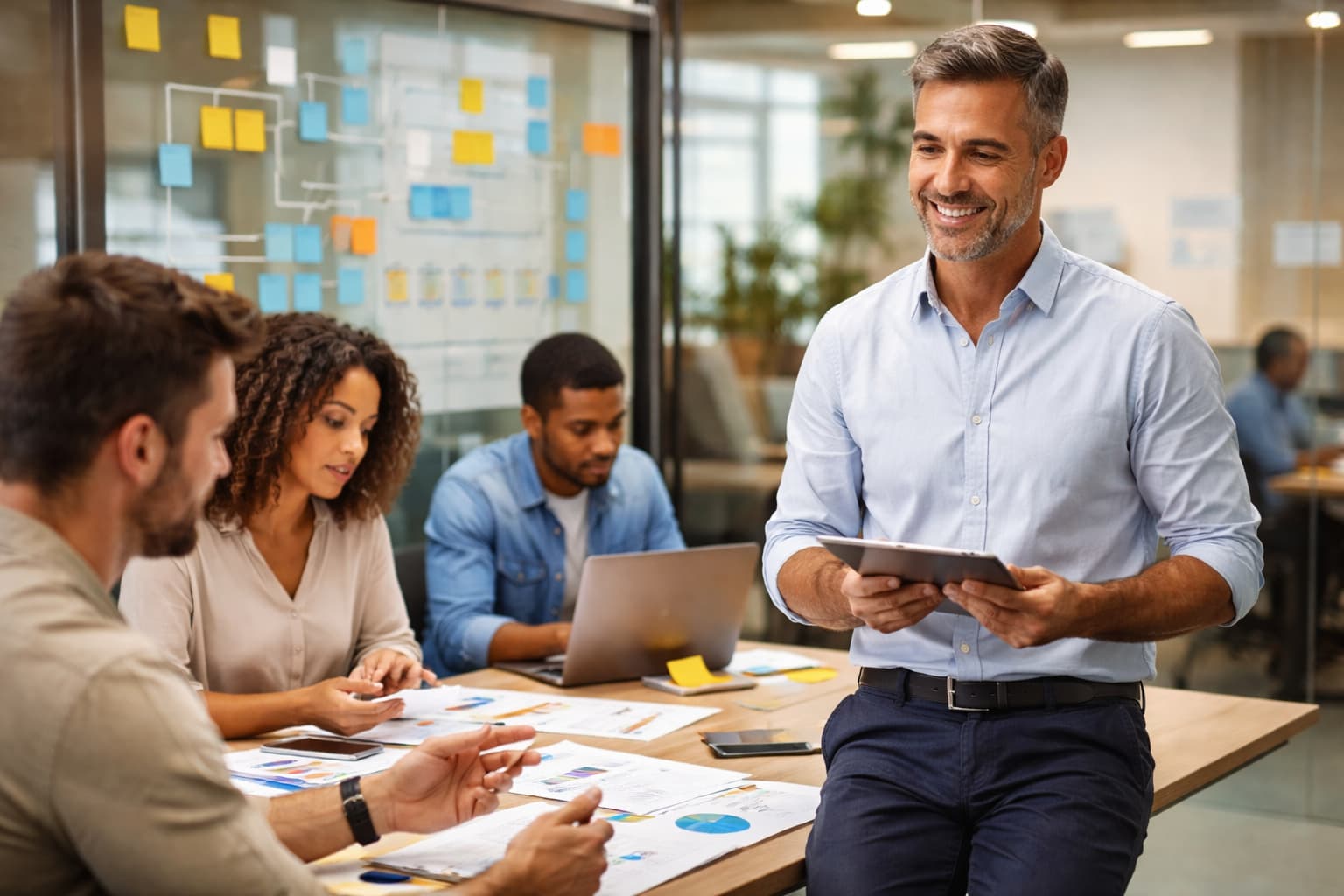 Empresário lidera equipe em ambiente corporativo organizado, analisando processos e projetos com foco em autonomia e clareza operacional
