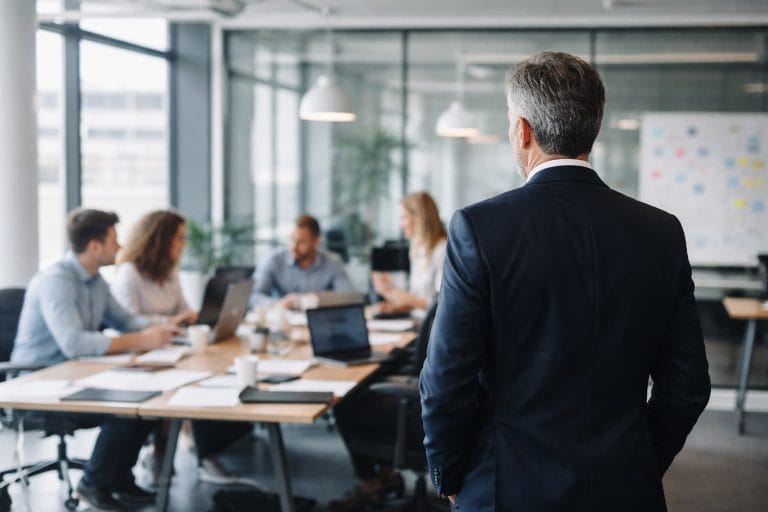 Gestor em pé, de costas, acompanha à distância uma equipe reunida em sala de reunião, enquanto os profissionais trabalham e tomam decisões de forma independente.