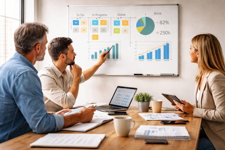 Três gestores reunidos em sala simples observam um quadro com poucos indicadores visuais e gráficos de desempenho durante uma reunião de análise.