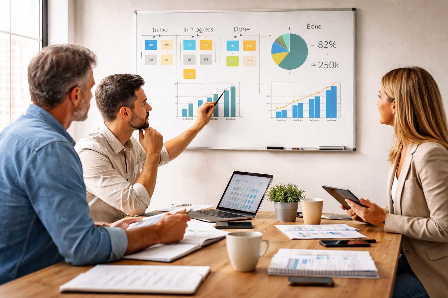 Três gestores reunidos em sala simples observam um quadro com poucos indicadores visuais e gráficos de desempenho durante uma reunião de análise.