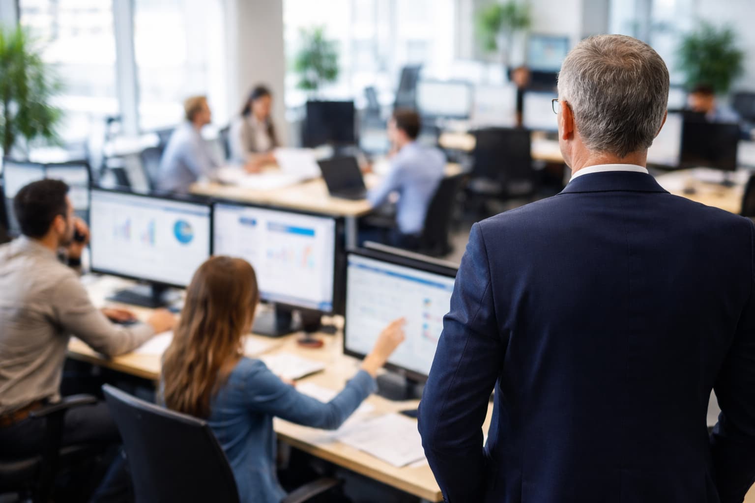Executivo observa o ambiente de trabalho de um escritório aberto enquanto equipes atuam de forma independente diante de telas com indicadores