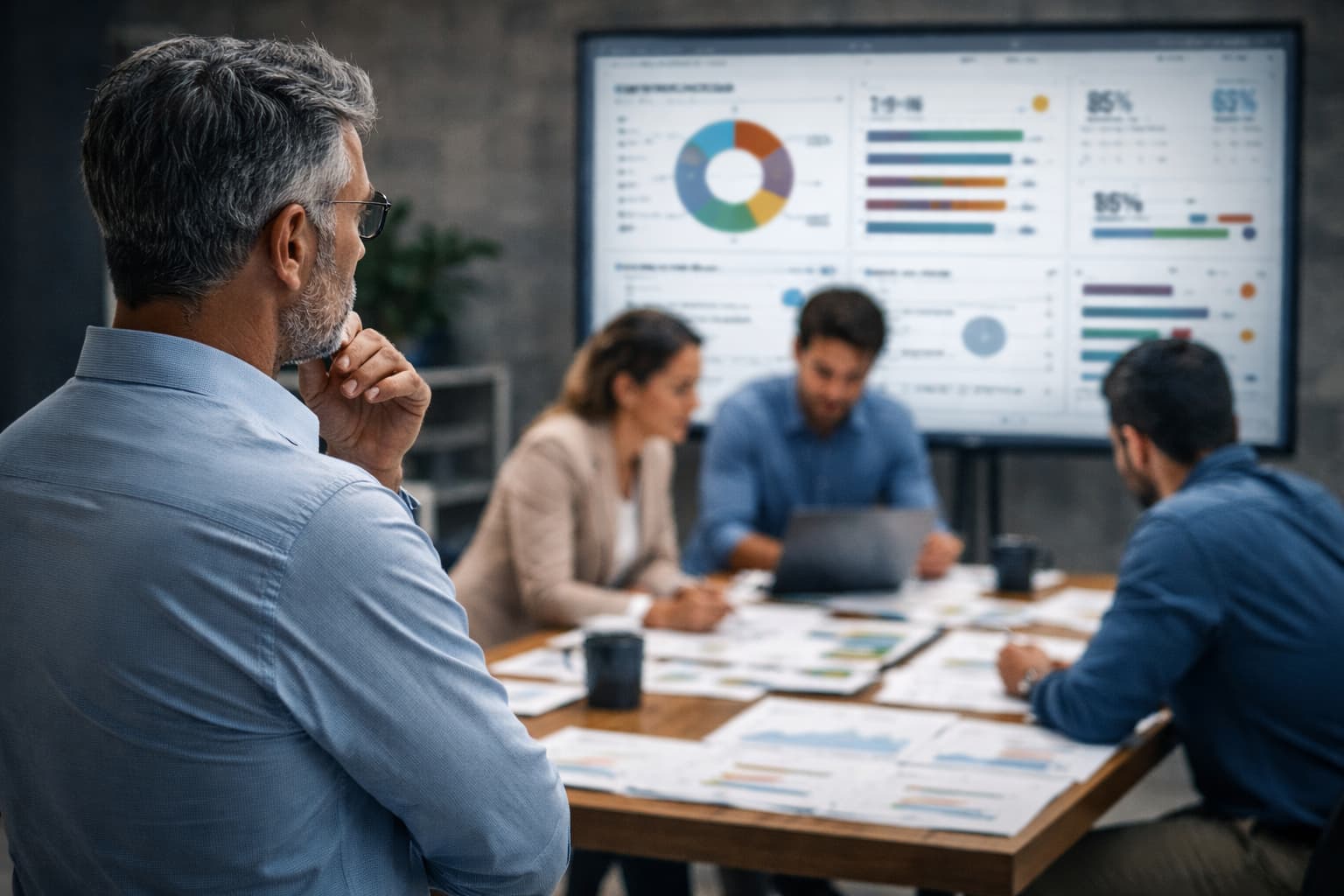 Gestor observa um painel de indicadores em tela enquanto a equipe discute documentos e toma decisões em uma reunião operacional.