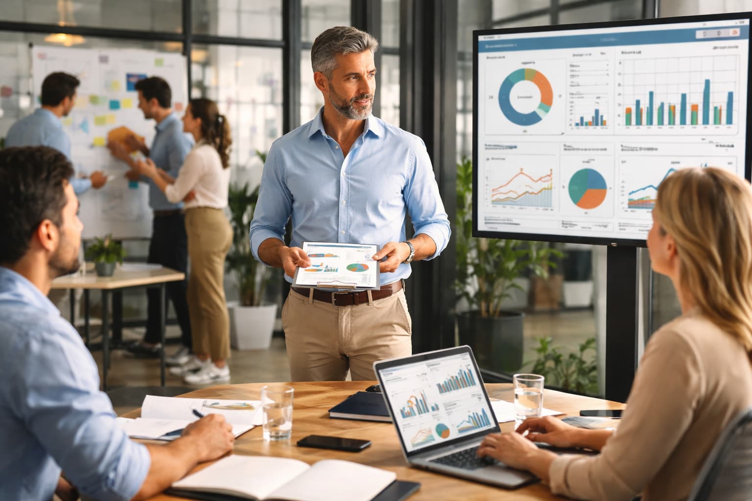 Empresário observa indicadores de desempenho enquanto a equipe trabalha de forma autônoma em uma reunião estratégica