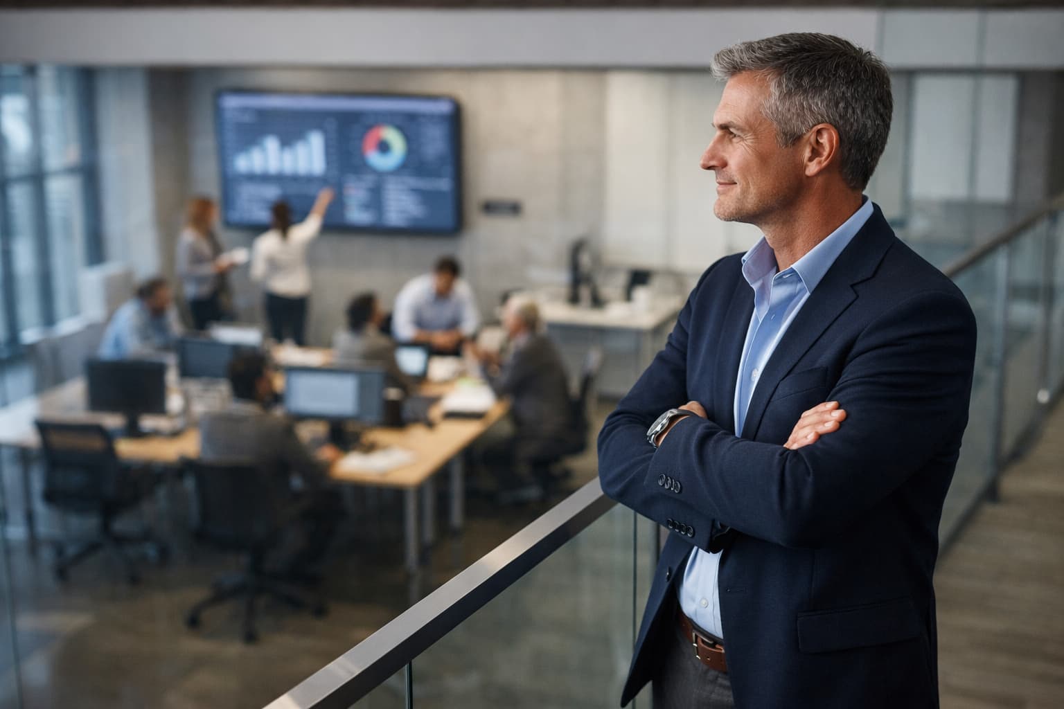 Gestor em posição elevada observa equipe trabalhando em escritório aberto, com indicadores exibidos ao fundo.