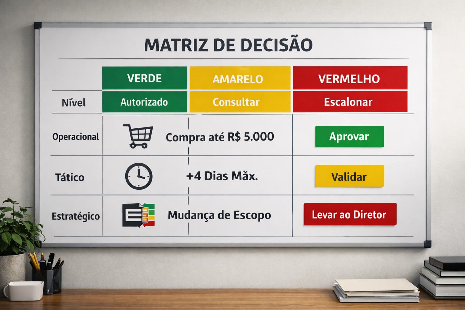 Quadro de decisão em ambiente corporativo mostrando níveis operacional, tático e estratégico, organizados por cores que indicam autorização, consulta ou escalonamento.