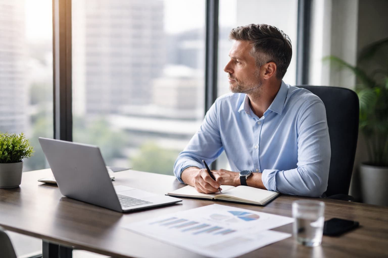 Gestor sentado sozinho à mesa de trabalho, analisando informações e fazendo anotações em um ambiente corporativo silencioso