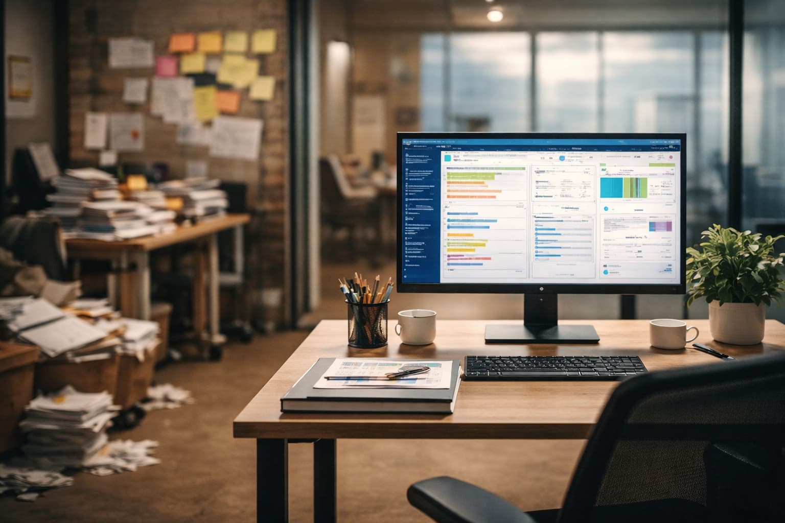 Mesa de trabalho organizada com computador e indicadores visuais, enquanto o ambiente ao fundo aparece desfocado e desordenado