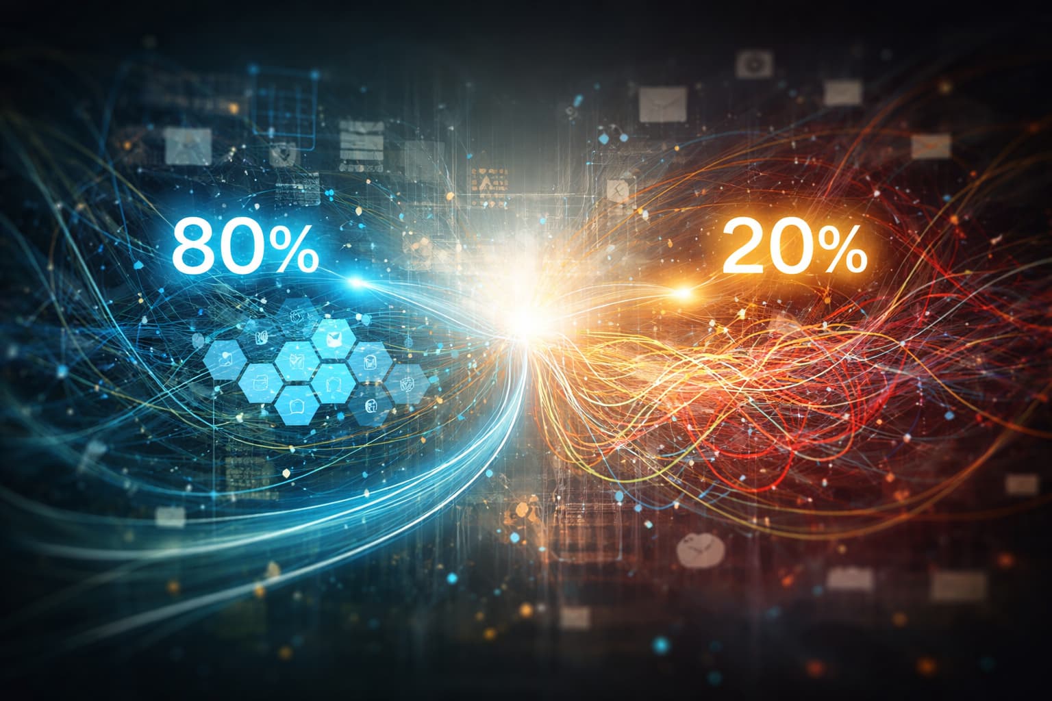 Visual abstrato com fluxos de dados e formas interligadas, destacando áreas organizadas que surgem dentro de um conjunto complexo de informações.