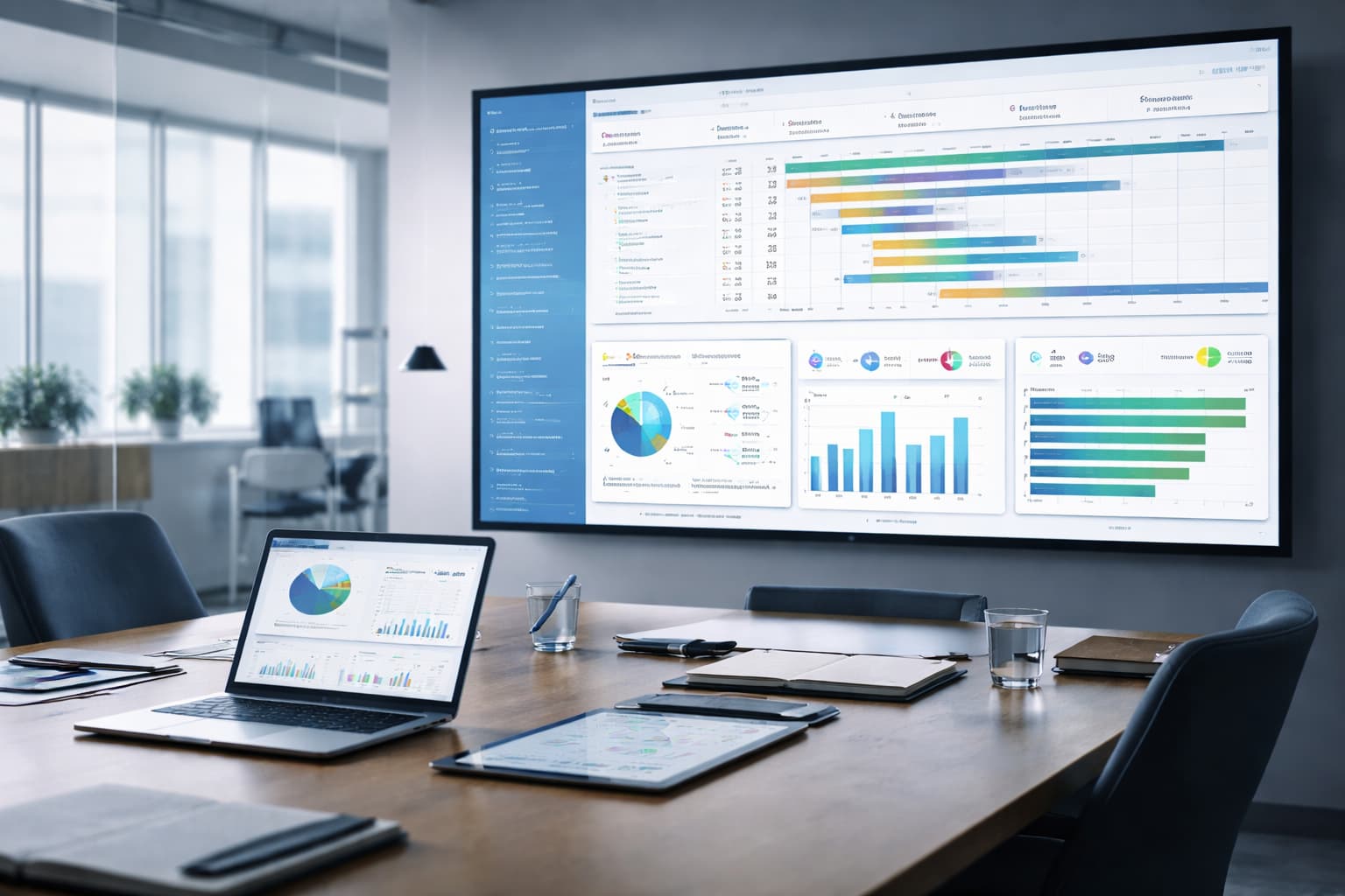 Sala de reuniões vazia com tela exibindo dashboards, gráficos e cronogramas organizados, sem pessoas analisando ou tomando decisões