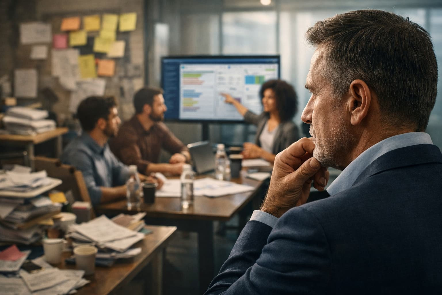 Empresário observa equipe em reunião enquanto analisa indicadores em uma tela, com papéis acumulados sobre a mesa ao fundo