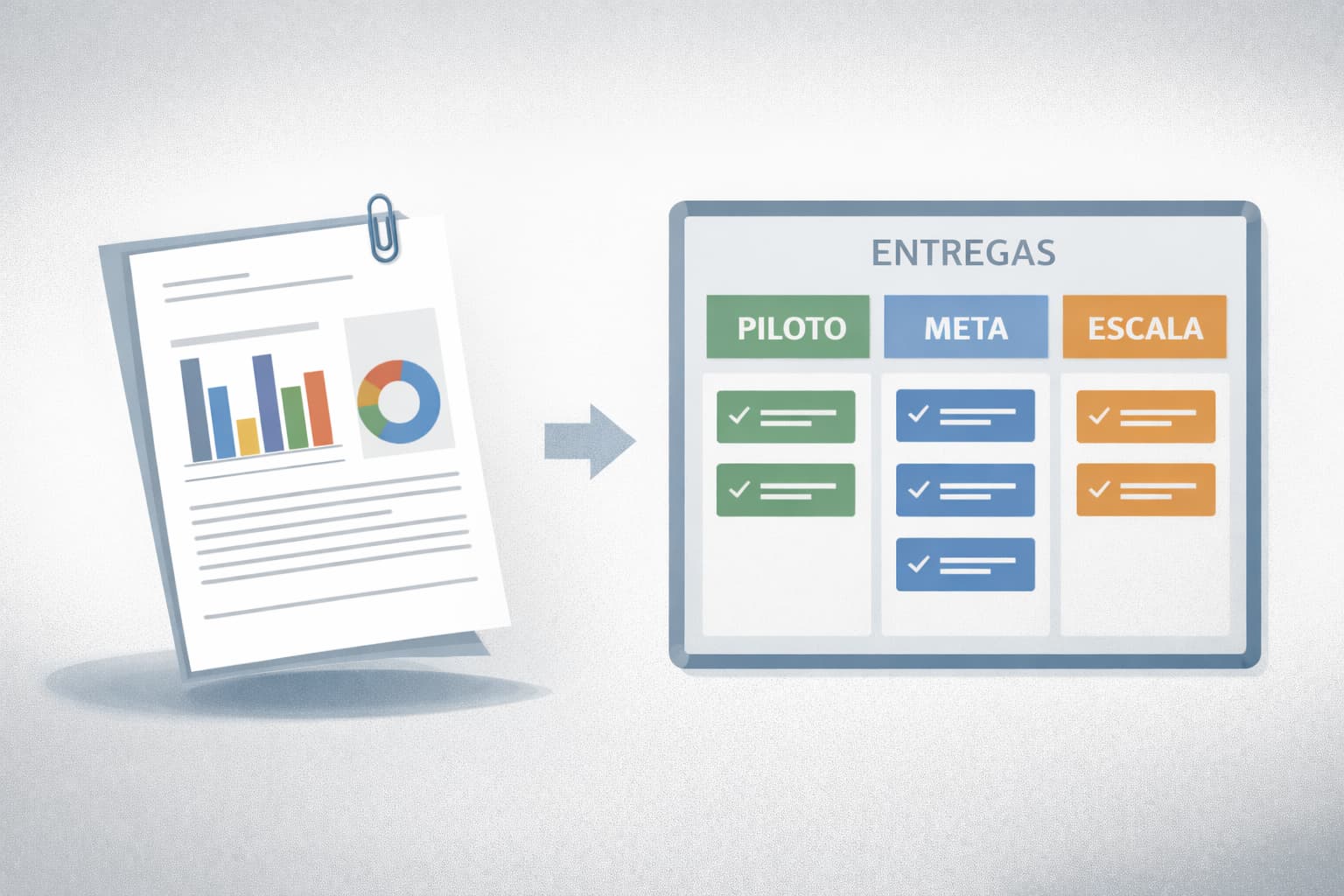 Ilustração comparativa mostra um relatório impresso com gráficos ao lado de um quadro visual de entregas organizado por etapas e tarefas concluídas.