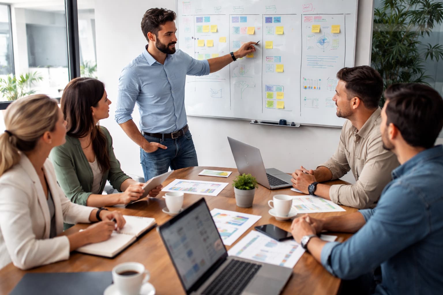 Grupo de profissionais em pé e sentados ao redor de uma mesa, discutindo prioridades e indicadores em uma reunião objetiva.
