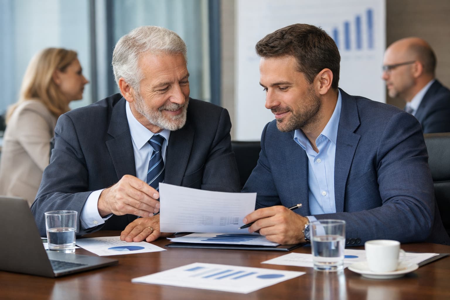 Pai e filho sentados lado a lado em reunião de conselho, analisando documentos estratégicos em ambiente corporativo, com postura colaborativa e foco na sucessão empresarial.