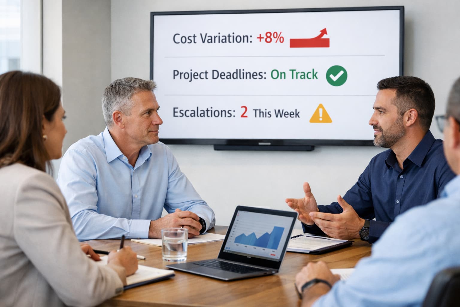 Grupo de gestores reunidos em mesa de reunião, analisando poucos indicadores de desempenho exibidos em uma tela, com foco em custos, prazos e pontos de atenção.