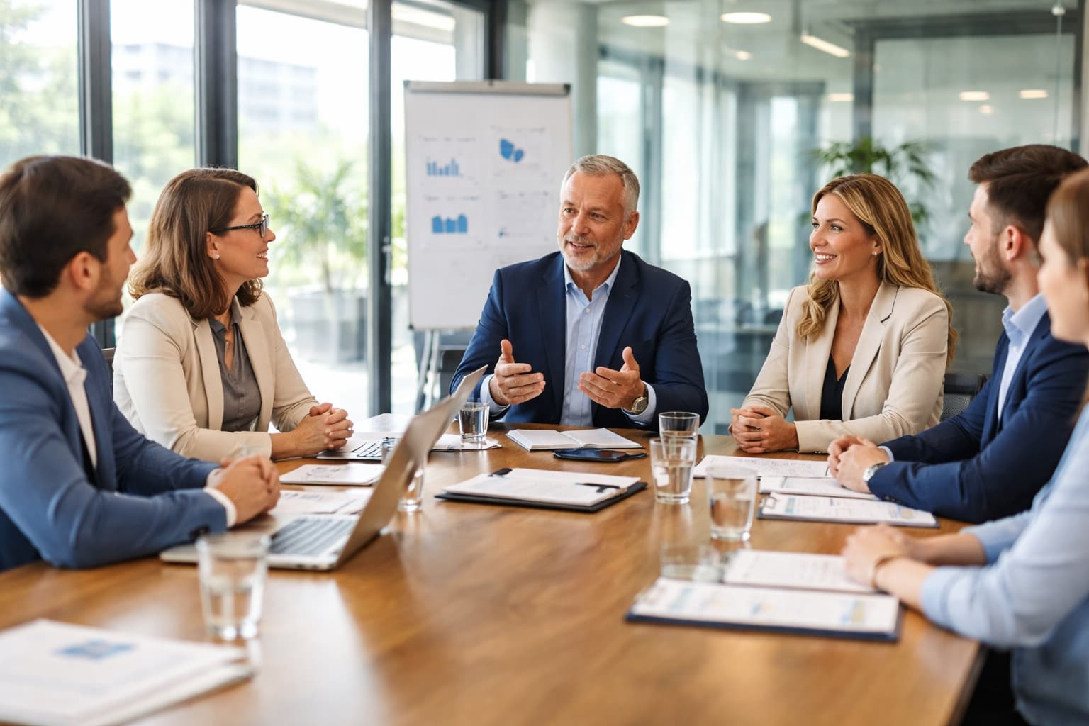 Reunião estratégica em empresa familiar com gestores e familiares alinhando decisões com critérios claros, em ambiente corporativo organizado e profissional.