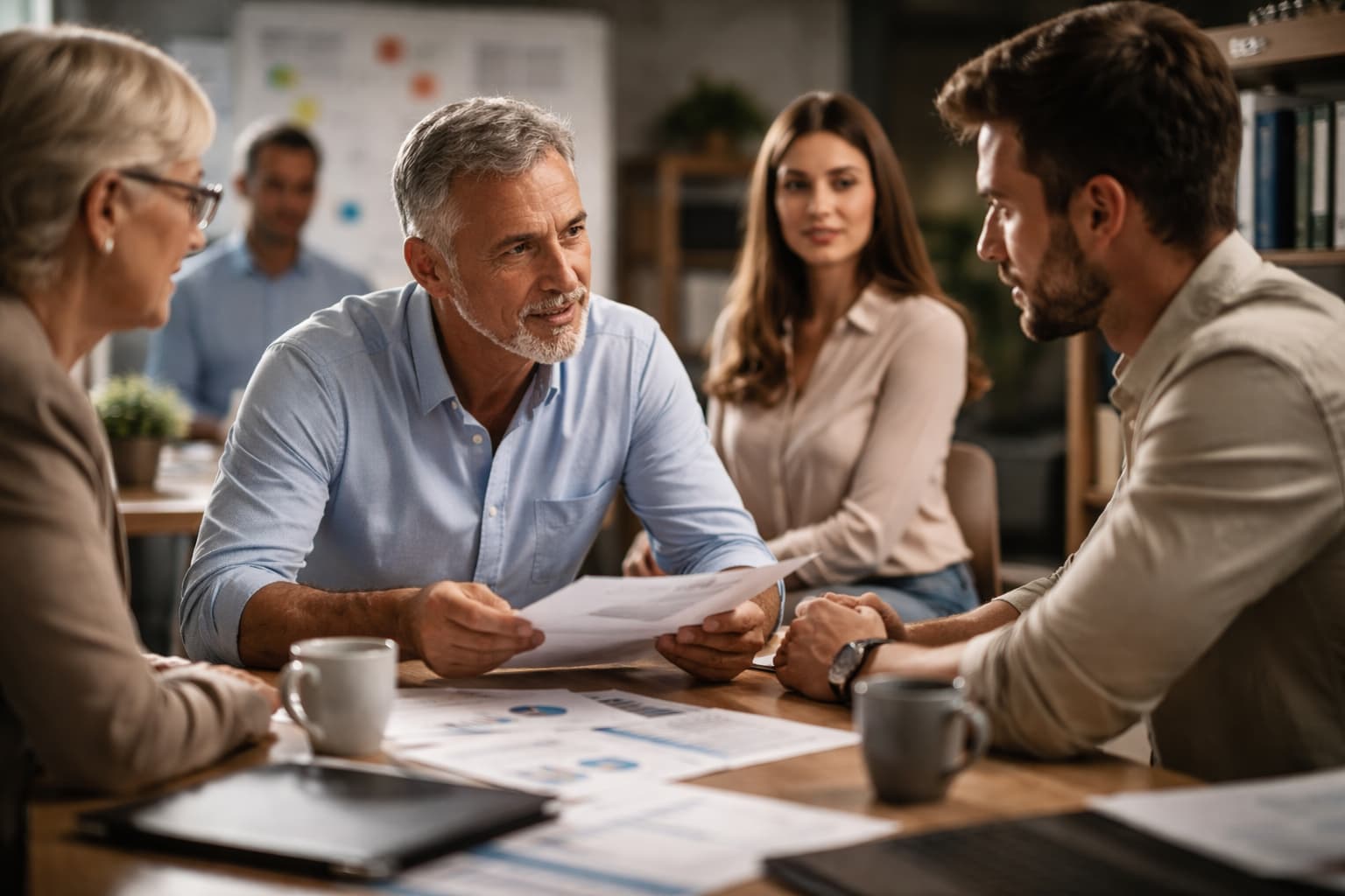 Empresários de diferentes gerações em reunião estratégica de empresa familiar analisando documentos e decisões de gestão