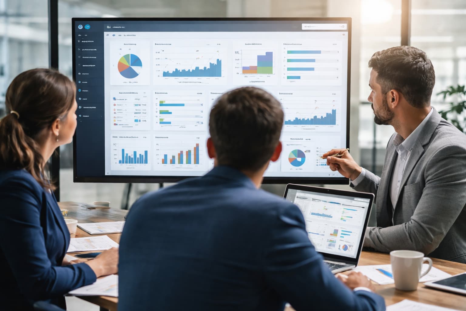 Três profissionais observam um painel digital com gráficos e relatórios enquanto discutem informações em uma sala de reuniões corporativa