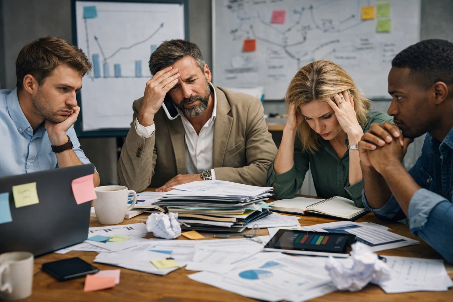 Equipe reunida em mesa de trabalho com papéis espalhados, expressões de cansaço e uso simultâneo de celular e anotações, indicando sobrecarga e decisões improvisadas.