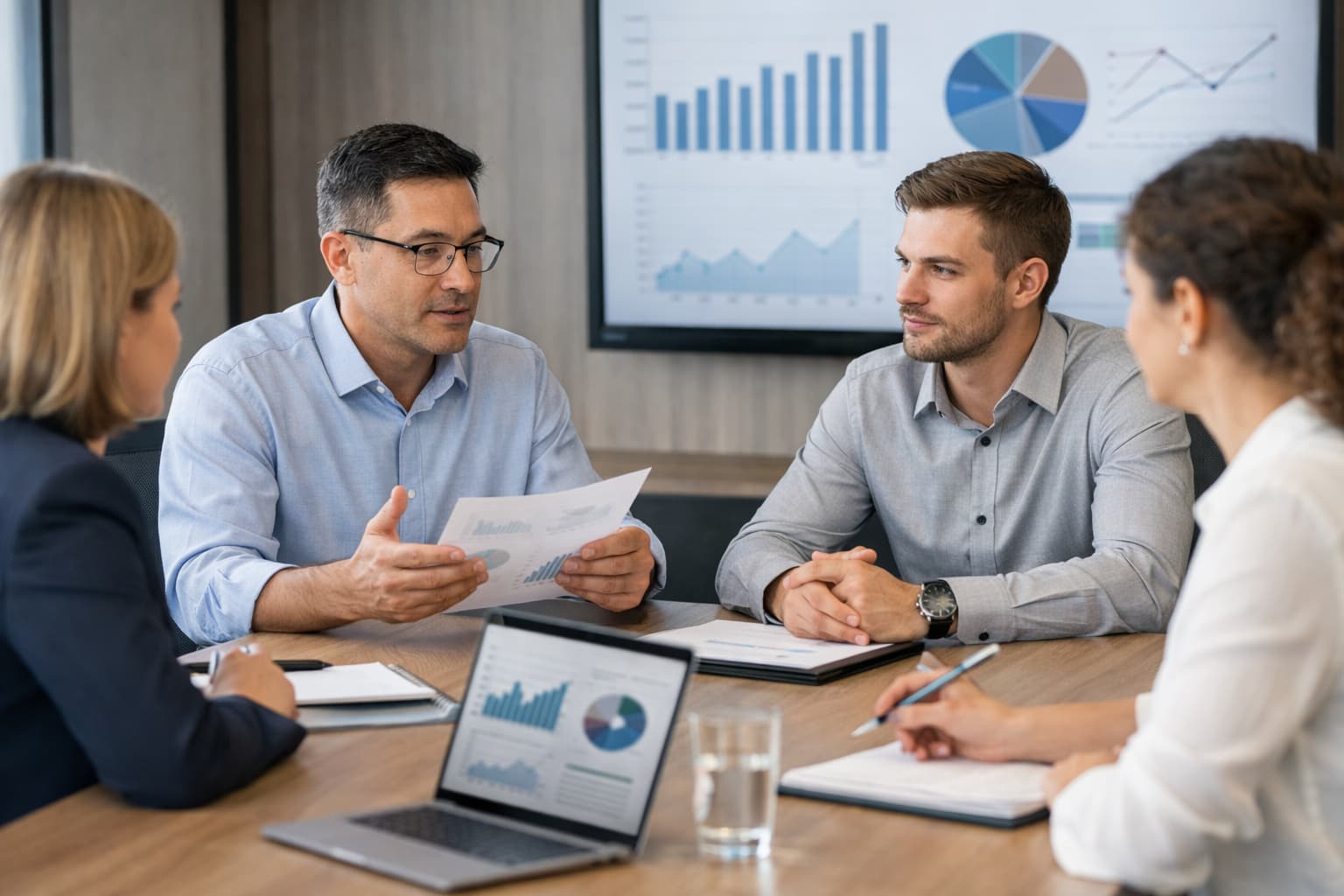 Quatro profissionais sentados à mesa analisam dados em notebook e documentos durante uma reunião de trabalho com poucos participantes.
