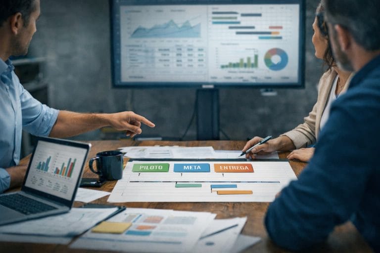 Grupo de profissionais analisa um cronograma de projeto sobre a mesa enquanto observa indicadores exibidos em uma tela ao fundo.