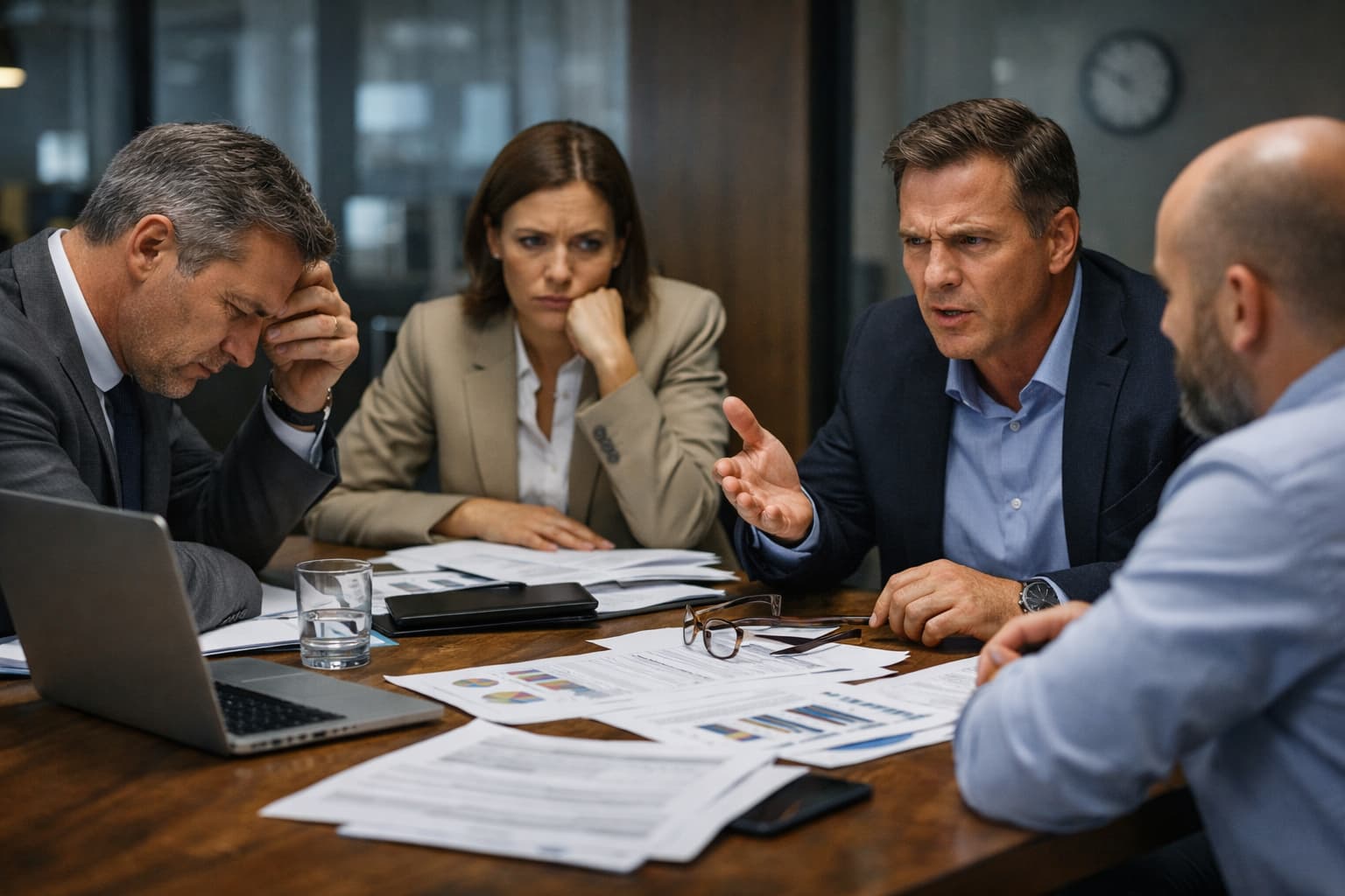Reunião tensa entre gestores e cliente, com documentos espalhados sobre a mesa e expressões de preocupação diante de prazos estourados.