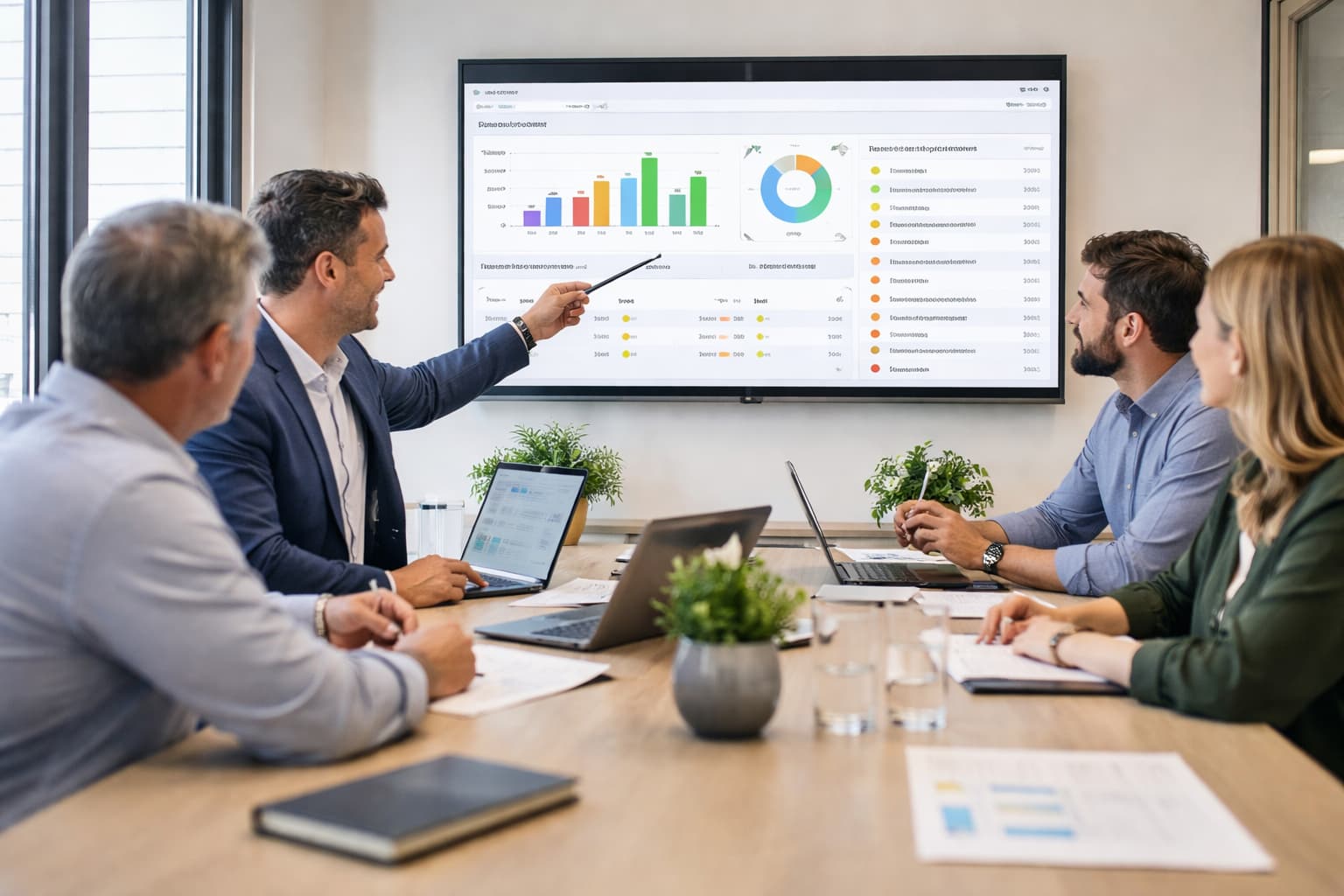 Equipe reunida em sala de reuniões analisa indicadores visuais em uma tela enquanto discute decisões de projetos em andamento